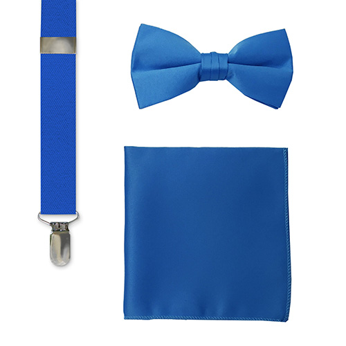 blue hankerchief, suspenders, bow tie set